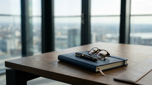 Elegantes Notizbuch, Brille und Füllfederhalter am Schreibtisch mit Blick ins Weite