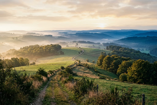 Weite Landschaft und Weg im sanften Morgenlicht des Öslings