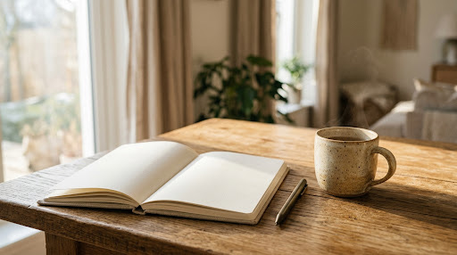 Aufgeschlagenes Notizbuch und Tasse am Holztisch im weichen Sonnenlicht