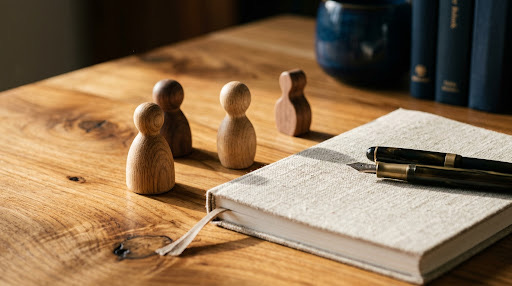 Systemische Fallreflexion und Aufstellungsarbeit mit Holzfiguren und Notizbuch